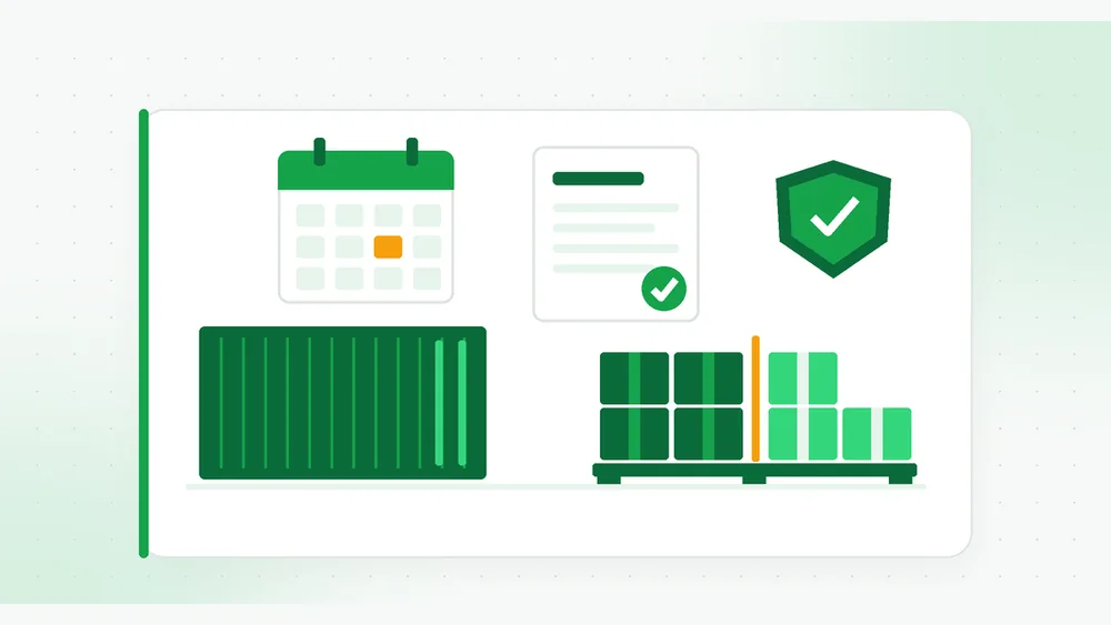Illustration for Section 301 forced labor tariffs: a shipping container beside a calendar, a customs document with a check mark, a shield and a pallet of cartons split into two origin groups
