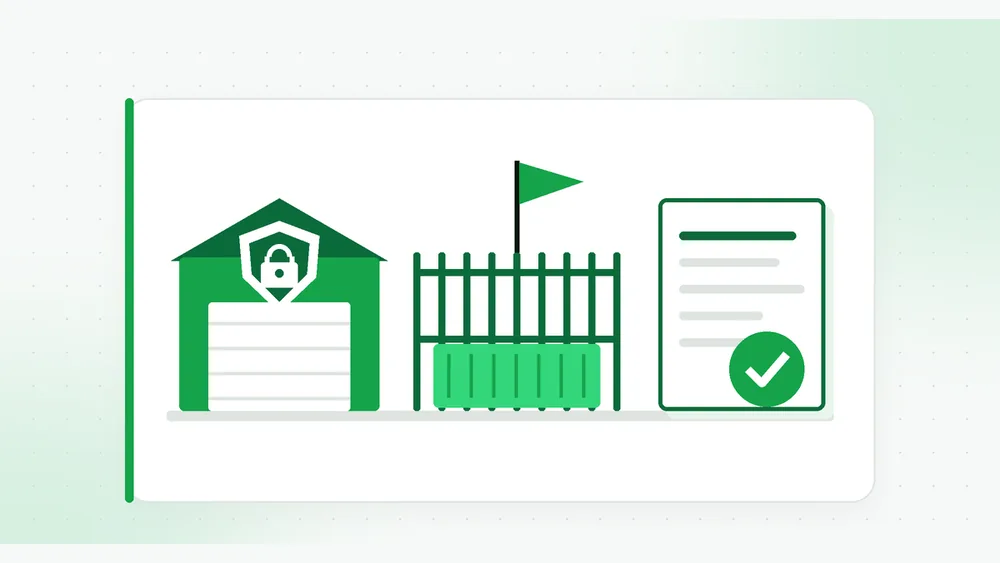 Illustration comparing a bonded warehouse vs FTZ: a warehouse with a padlock shield, a fenced zone holding a container, and a duty-paid document with a check mark