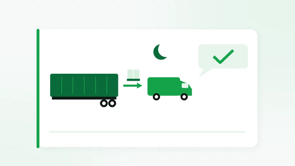 Illustration of a trailer handing a pallet to a sprinter van at night, with a speech bubble showing a check mark