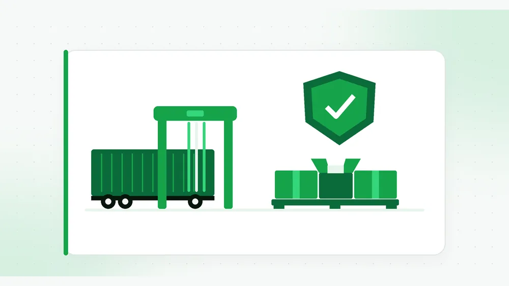 Illustration of a shipping container on a chassis passing through an X-ray scanning arch, a shield with a check mark, and an opened carton on a pallet