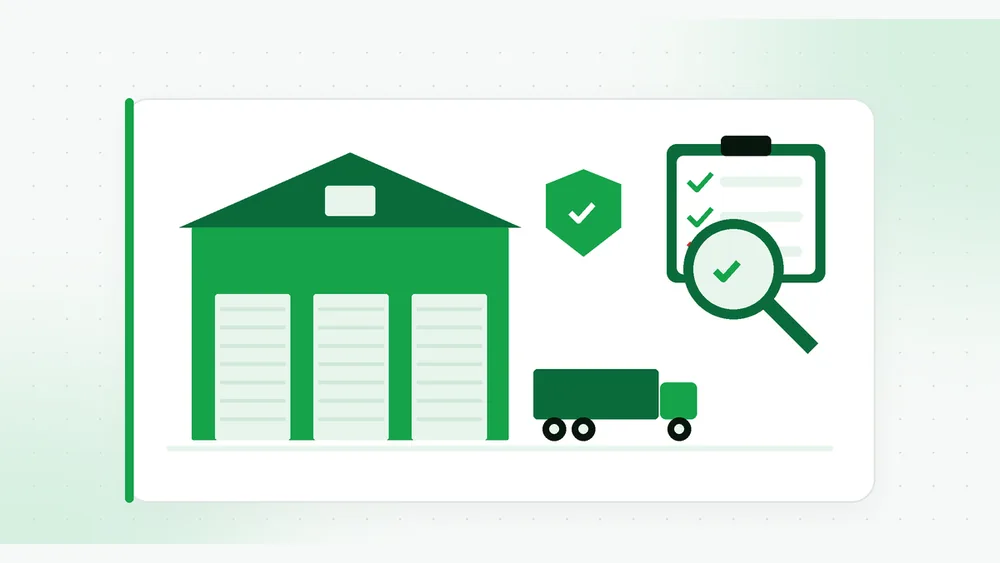 Illustration of a warehouse with three dock doors, a truck waiting, a shield with a check mark and a magnifying glass over a checklist