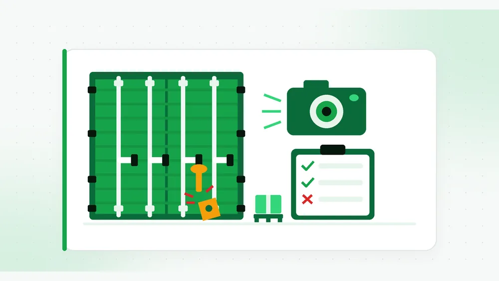 Illustration of a container seal broken on the rear doors of a shipping container, a camera photographing the doors, and a checklist with one item failed