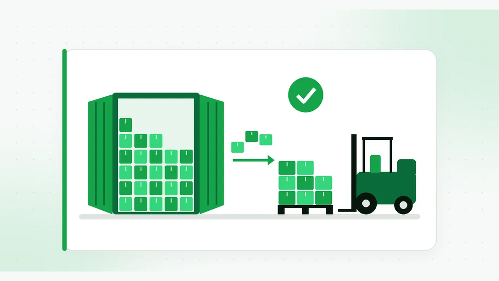 Illustration of container unloading: an ocean container with its doors open, cartons moving onto a pallet, a forklift and a check mark