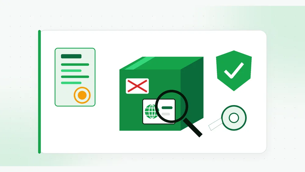 Illustration of an import carton with a crossed-out label and a new origin label with a globe under a magnifying glass, beside a stamped notice, a shield check mark and a label roll