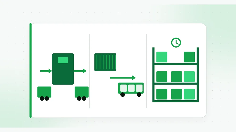 Illustration comparing cross-docking, transloading from a container to a trailer, and warehouse storage racks