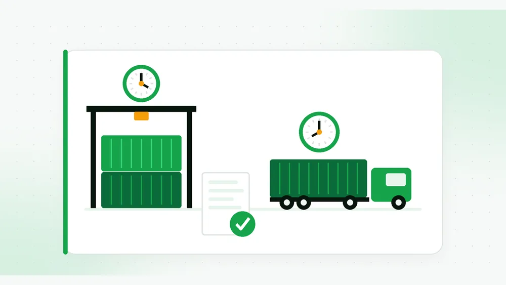 Illustration of stacked shipping containers under a terminal crane and a container on a truck chassis, each with a clock, beside an invoice with a check mark