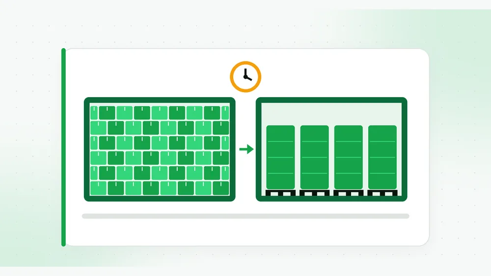 Illustration of two container cutaways: one packed wall to wall with loose cartons, an arrow, and one holding four wrapped pallet loads, with a clock above
