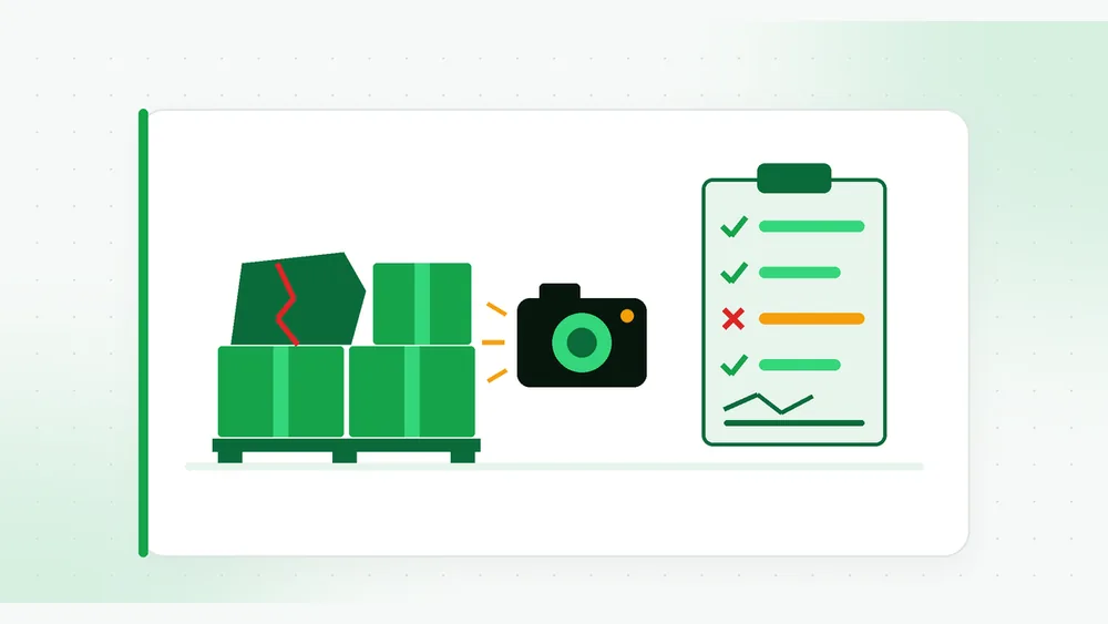 Illustration of a crushed carton on a pallet being photographed with a camera next to a checklist marking one exception