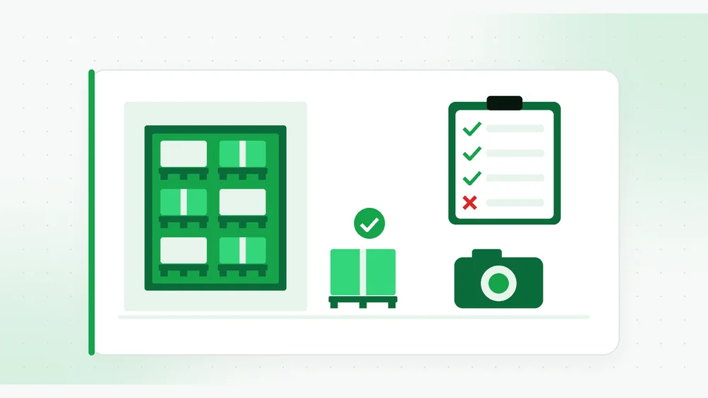 Illustration of a trailer loaded with pallets, a checked pallet on the dock floor, a receiving checklist with three ticks and one cross, and a camera