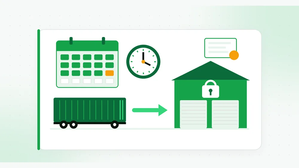 Illustration of a calendar and clock counting down, a shipping container on a chassis and an arrow to a locked general order warehouse