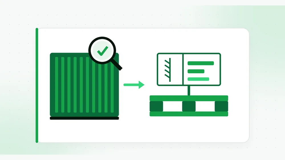 Illustration of a shipping container under a magnifying glass with a check mark, an arrow to a wood pallet, and an enlarged ISPM 15-style stamp box with a wheat-like symbol