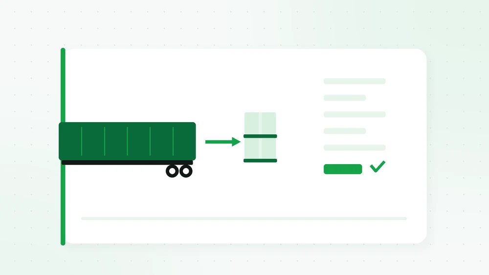Illustration of a loaded truck at a warehouse dock with workers unloading cartons and a receipt being handed to the driver