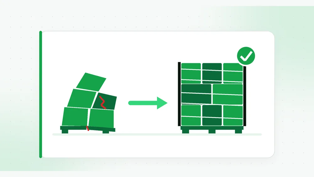 Illustration of a leaning, crushed carton stack on a broken pallet, an arrow, and the same freight rebuilt square on a new pallet with corner boards and stretch wrap