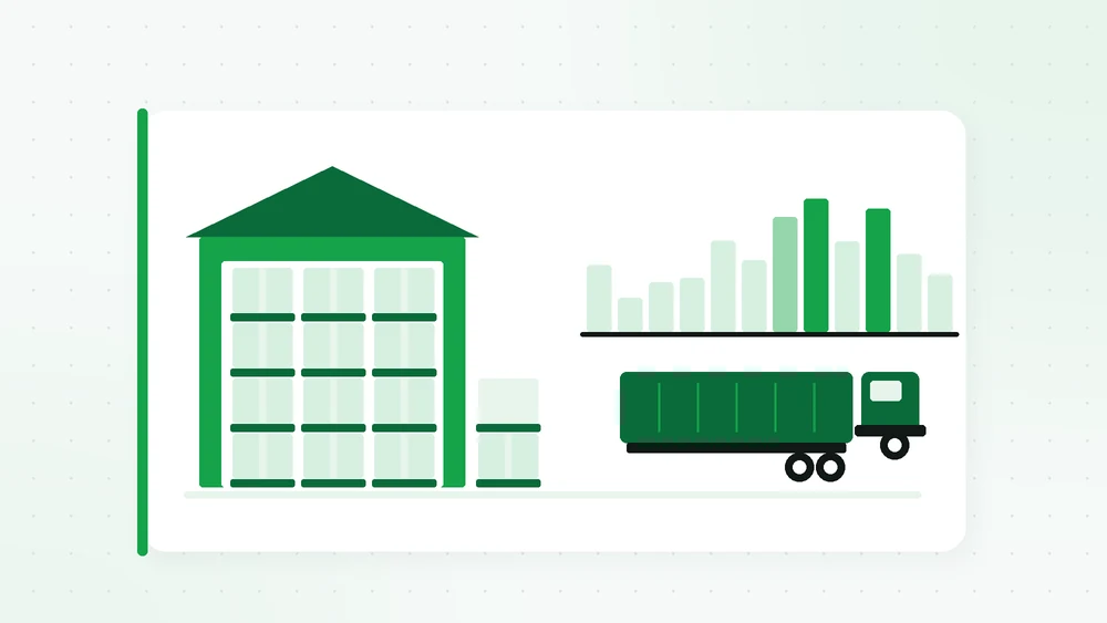 Illustration of a full warehouse with stacked pallets, a bar chart of monthly container volume with August and October highlighted, and a waiting trailer