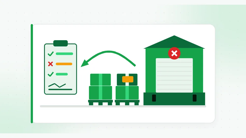 Illustration of refused pallets outside a receiver dock marked with a red X, a return arrow and a clipboard with one exception flagged