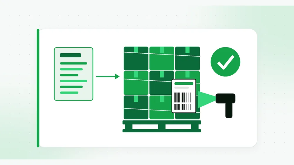 Illustration of a labeled pallet of cartons being scanned, linked by an arrow to a shipping document, with a green check mark