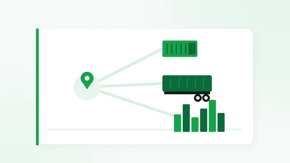 Illustration of a map pin at a dock with routes leading to a port, highways and a city skyline