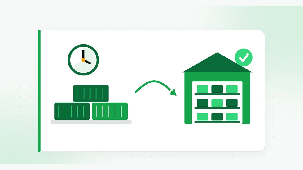 Illustration of stacked shipping containers under a clock on a terminal, with an arrow leading to a warehouse holding racked pallets and a check mark