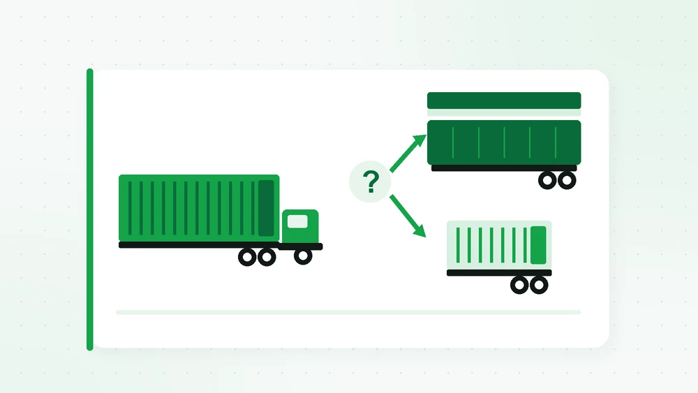 Illustration of an ocean container with two paths: one leading to a 53-foot trailer at a dock, the other keeping the container on its chassis