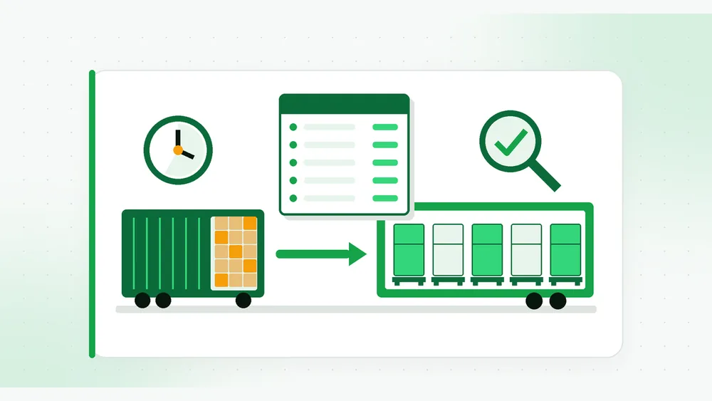 Transloading cost illustration: a floor-loaded container of loose cartons, an arrow to a trailer of five wrapped pallets, a clock, a quote sheet with line items, and a magnifier with a check mark