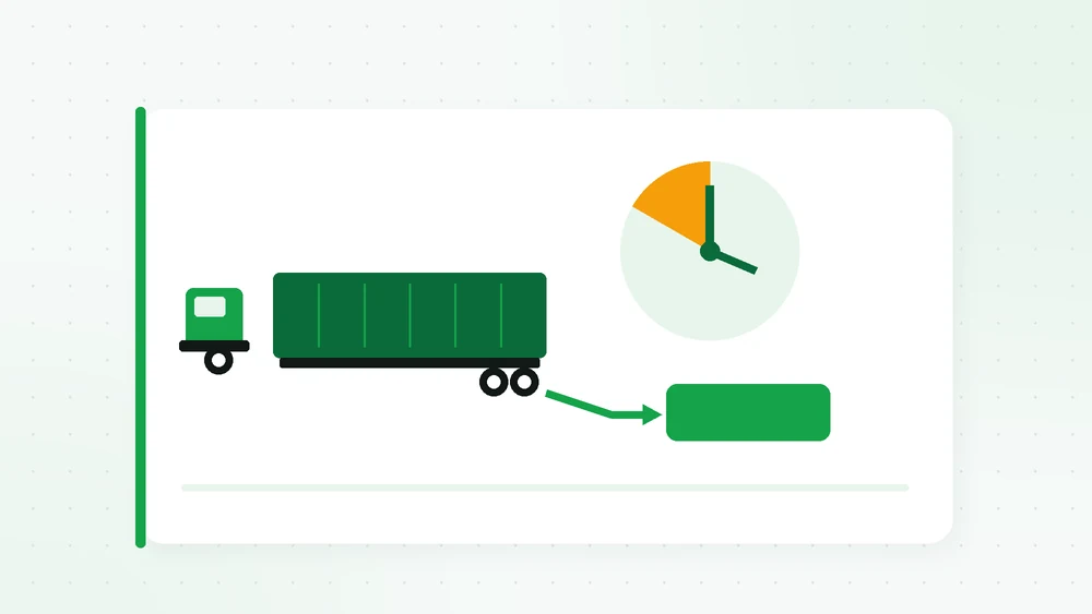 Illustration of a loaded tractor-trailer parked at night with a clock showing the driver’s hours of service running out before delivery