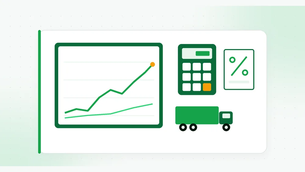 Illustration of a rising price index line chart, a calculator, a document with a percent sign and a truck